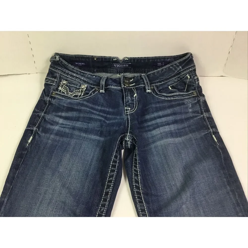 Vigoss Capris Chelsea Womens Sz 7 mid rise stretch‎ distressed denim rhinestones